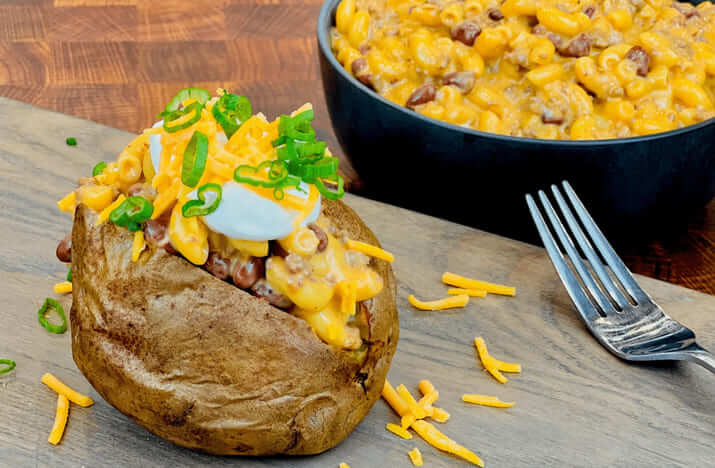 Chili Mac Stuffed Baked Potato