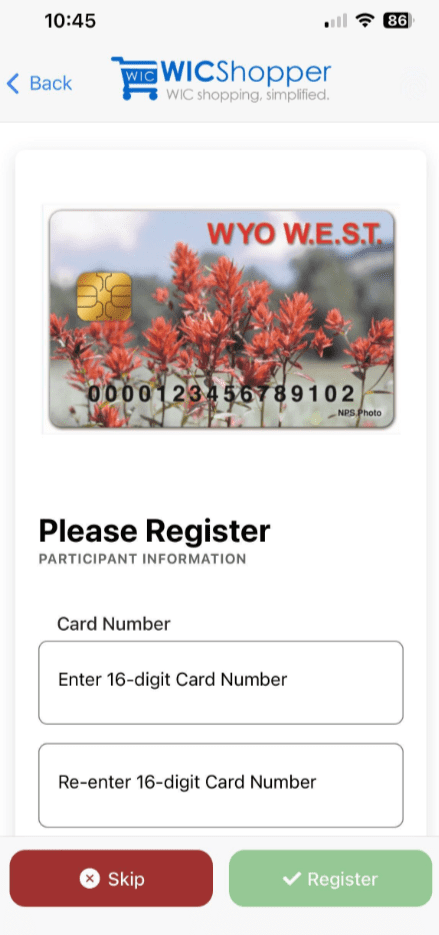 Wyoming card registration screen