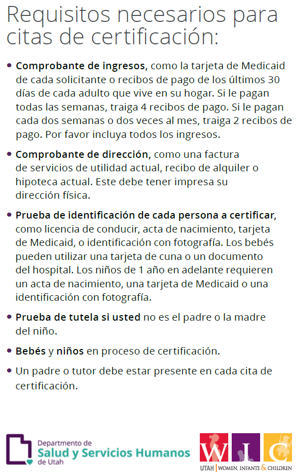 UT WIC image Requisitos necesarios para citas de certificación