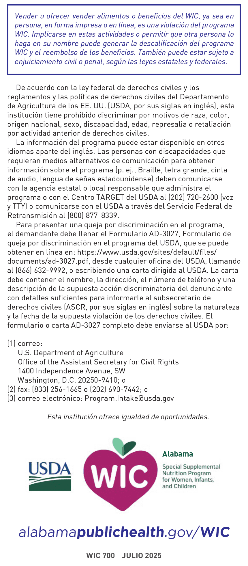 AL WIC Reglas del Programa WIC imagen