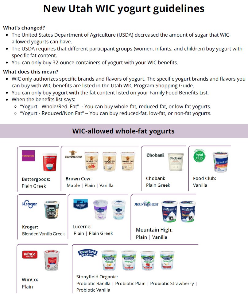 New Utah WIC Yogurt guidelines image