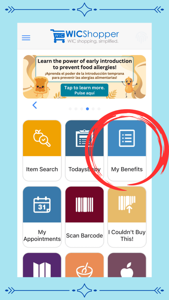 Maine WIC phone with the My benefits icon circled