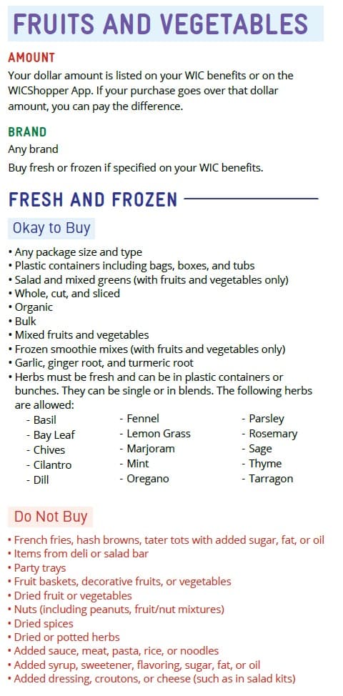 CO WIC-approved fruits and vegetable types and restrictions in English