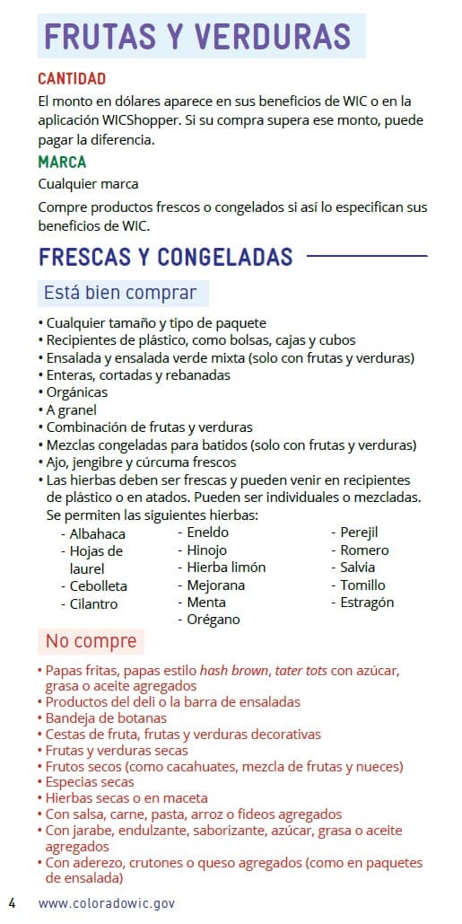 CO WIC-approved fruits and vegetable types and restrictions in Spanish