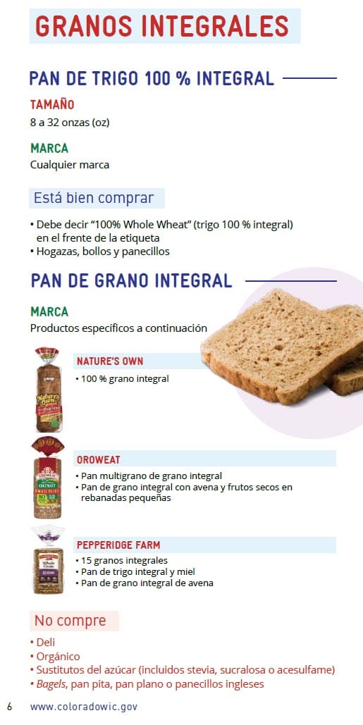 CO WIC-approved whole grains types and restrictions in Spanish
