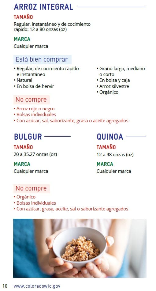CO WIC-approved whole grains types and restrictions in Spanish