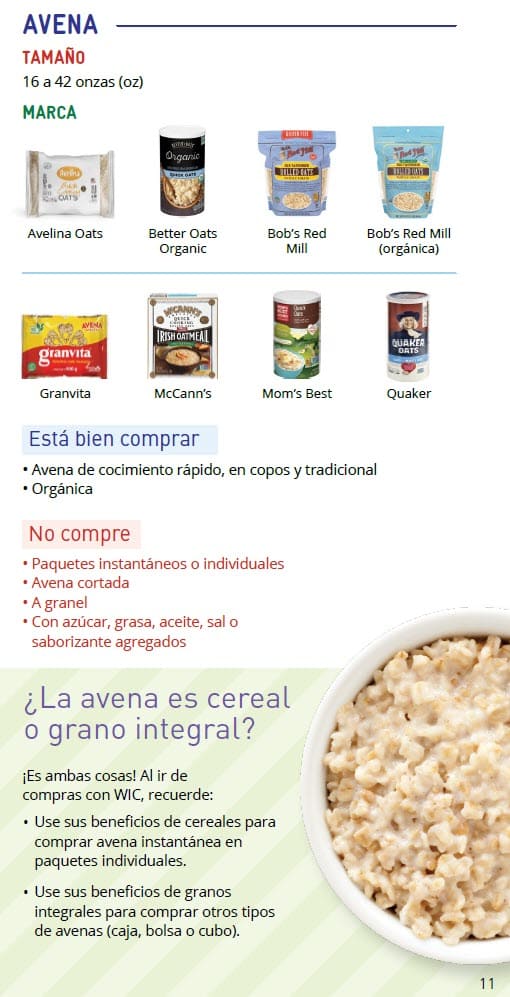 CO WIC-approved whole grains types and restrictions in Spanish