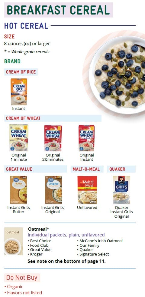 CO WIC-approved cereal types and restrictions in English