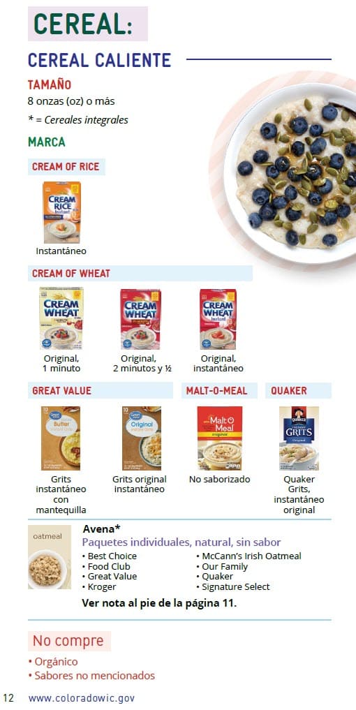 CO WIC-approved cereal types and restrictions in Spanish