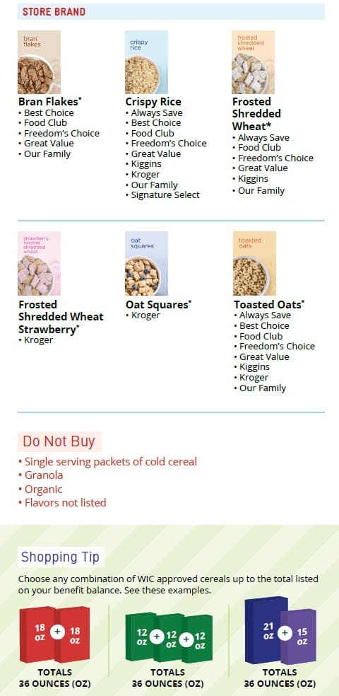 CO WIC-approved cereal types and restrictions in English
