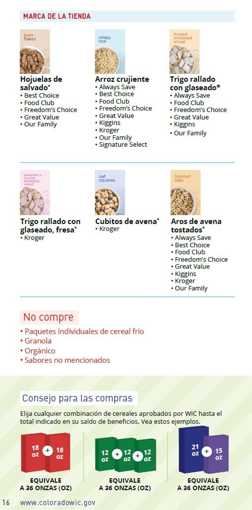 CO WIC-approved cereal types and restrictions in Spanish