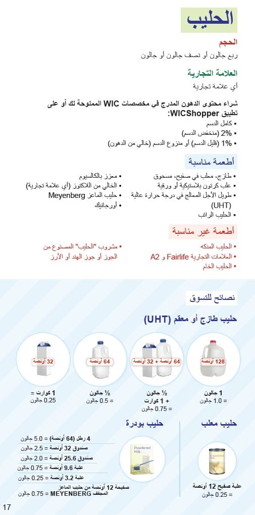 CO WIC-approved Milk, Plant-Based Milk Alternatives and Yogurt types and restrictions in Arabic