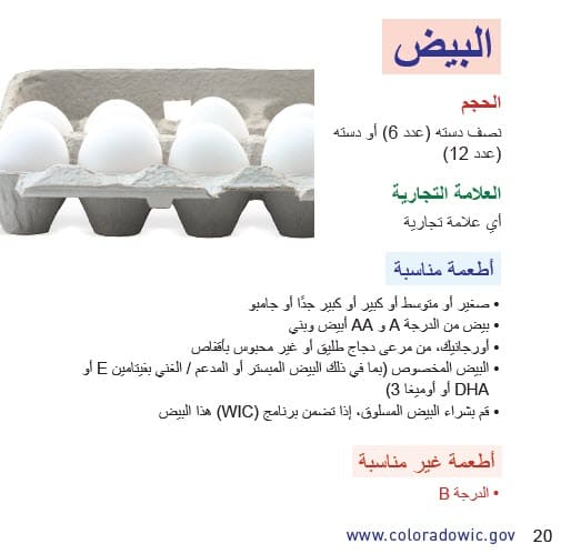 CO WIC-approved Milk, Plant-Based egg and cheese types and restrictions in Arabic