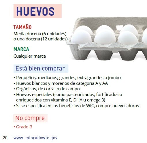 CO WIC-approved eggs and cheese types and restrictions in Spanish