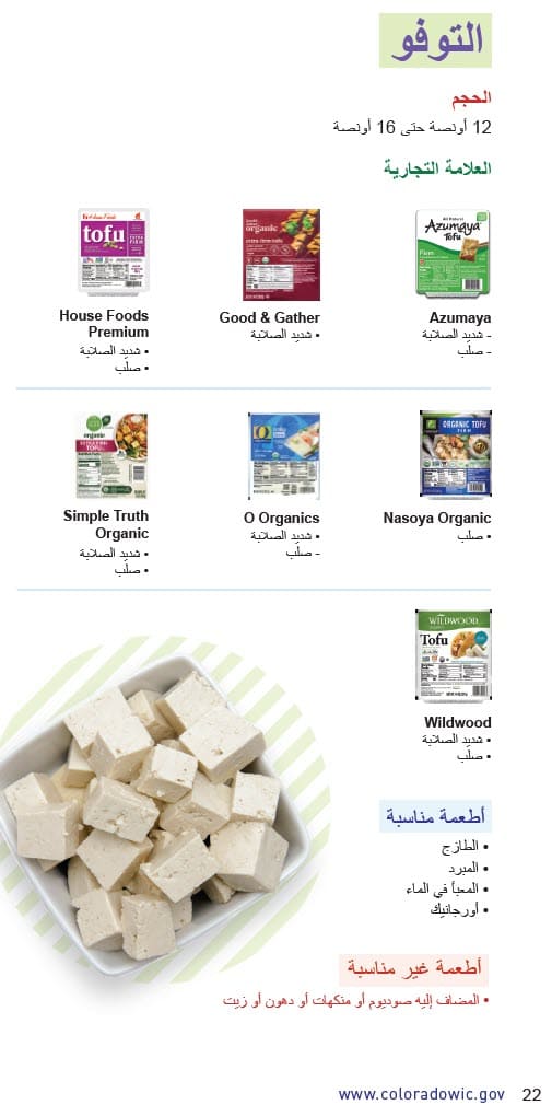 CO WIC-approved Milk, Plant-Based tofu and canned fish types and restrictions in Arabic