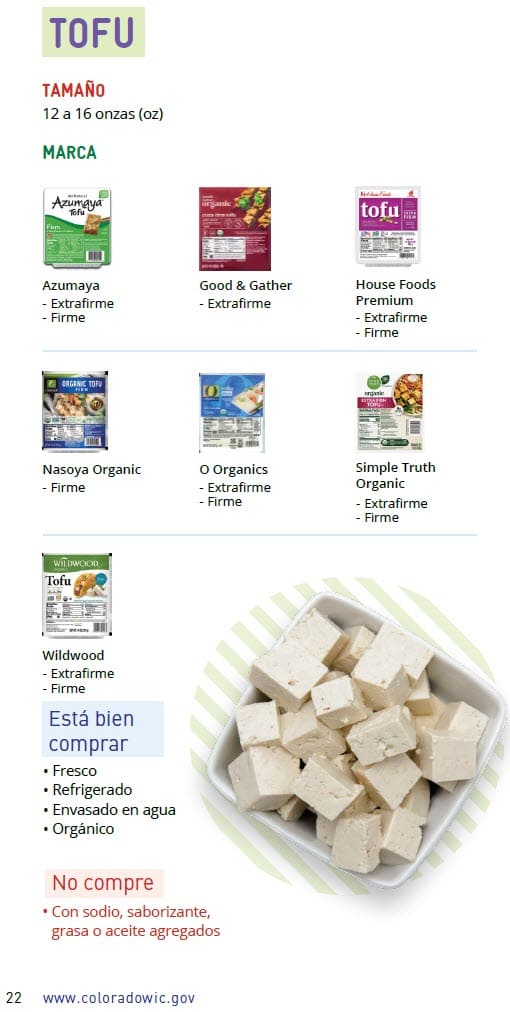 CO WIC-approved tofu and canned fish types and restrictions in Spanish