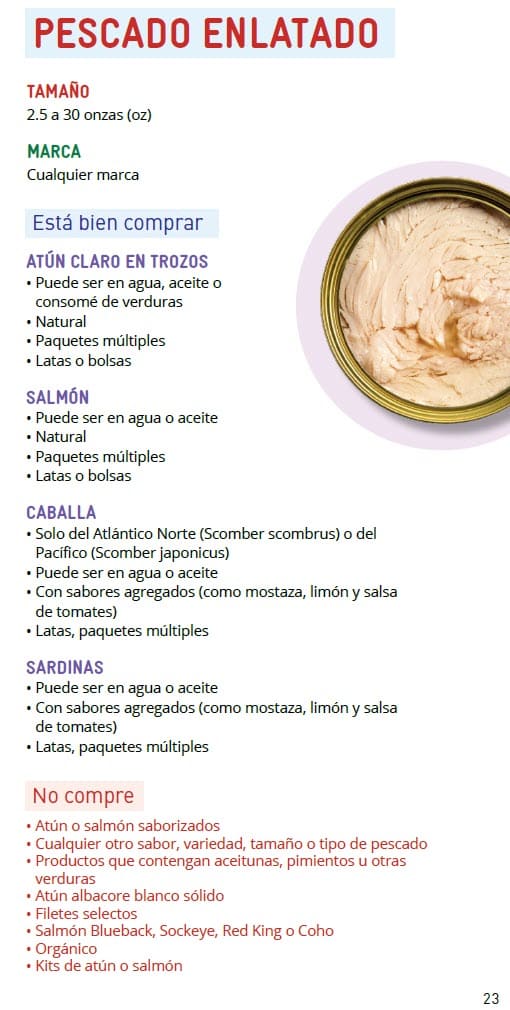 CO WIC-approved tofu and canned fish types and restrictions in Spanish