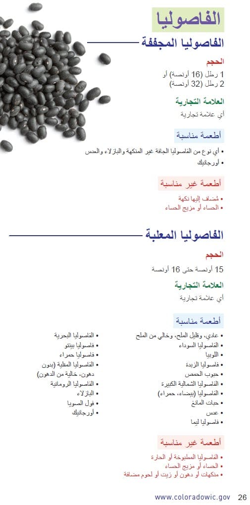 CO WIC-approved Peanut Butter, Alternative Nut and Seed Butters and Beans types and restrictions in Arabic