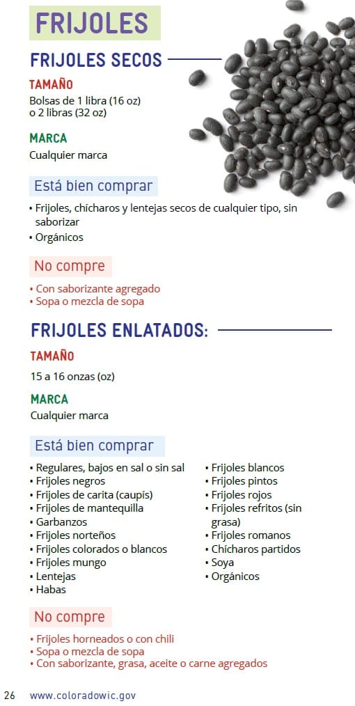 CO WIC-approved  Peanut Butter, Alternative Nut and Seed Butters and Beans types and restrictions in Spanish
