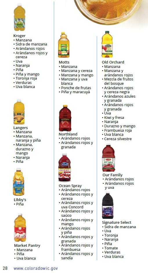 CO WIC-approved juice types and restrictions in Spanish