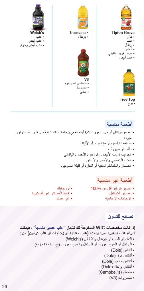 CO WIC-approved juice types and restrictions in Arabic