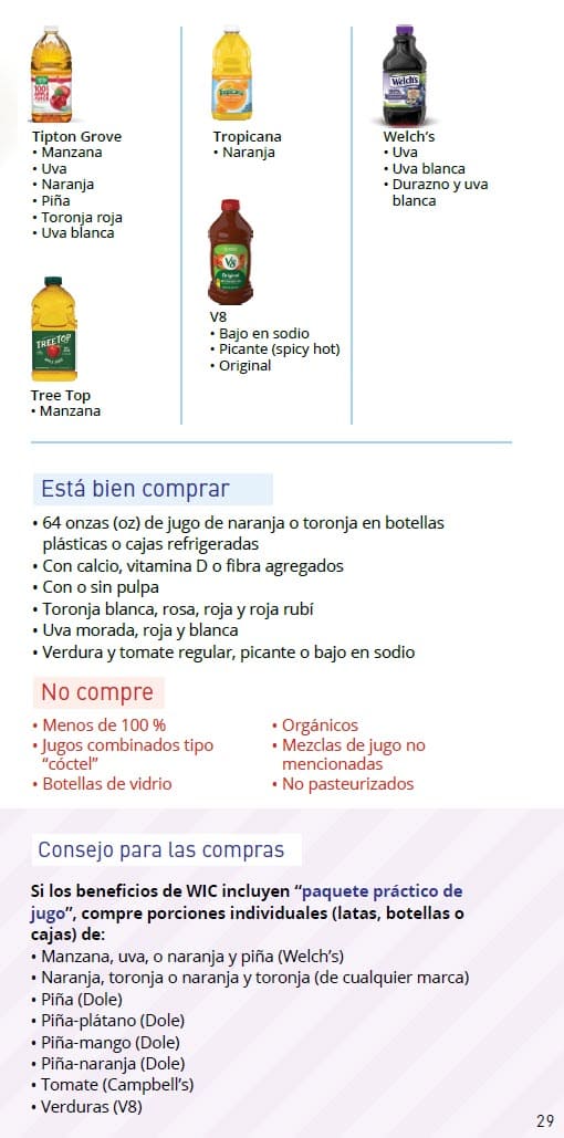 CO WIC-approved juice types and restrictions in Spanish