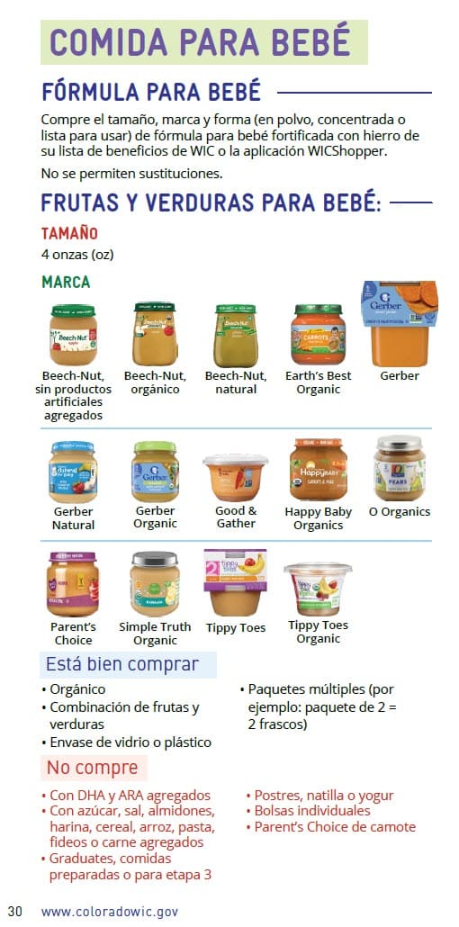 CO WIC-approved baby food types and restrictions in Spanish