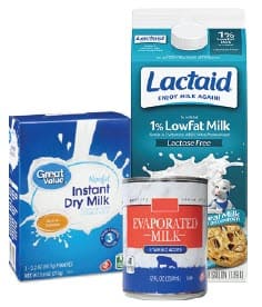 Lactaid, evaporated milk and dry milk