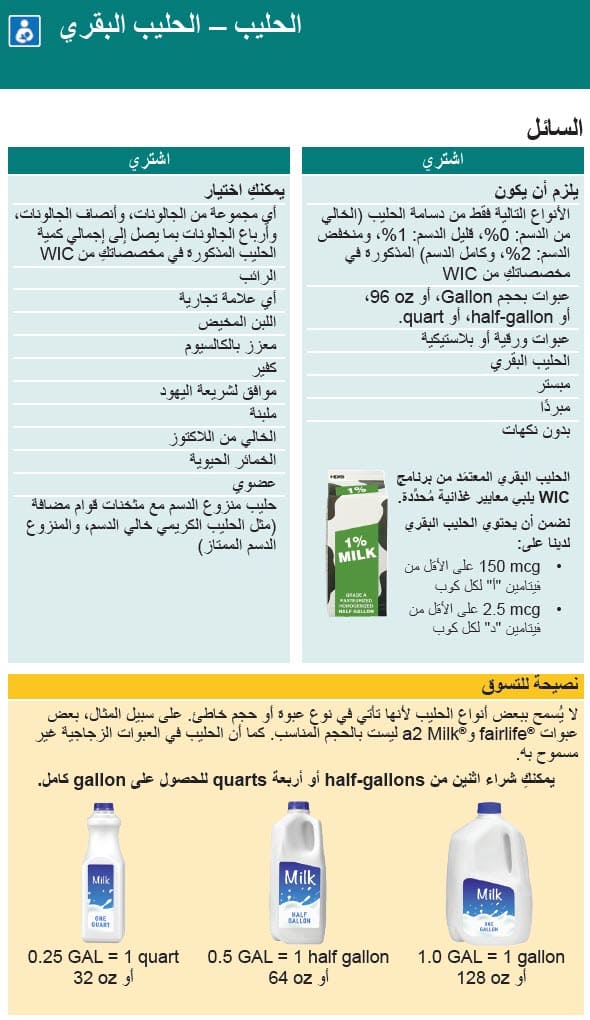 WA WIC-approved milk types and restrictions in Arabic