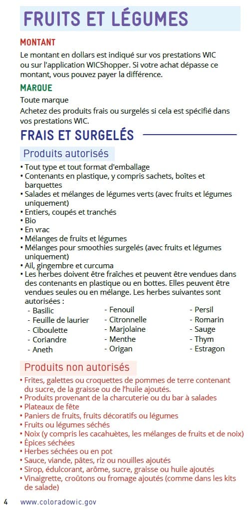 CO WIC-approved fruits and vegetable types and restrictions in French