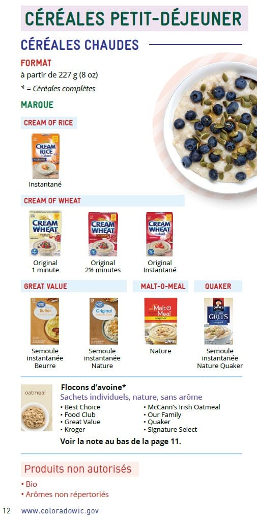 CO WIC-approved cereal types and restrictions in French