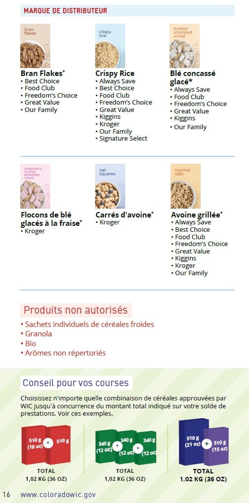 CO WIC-approved cereal types and restrictions in French