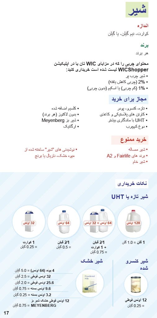 CO WIC-approved Milk, Plant-Based Milk Alternatives and Yogurt types and restrictions in Dari