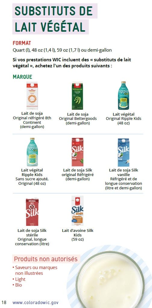 CO WIC-approved Milk, Plant-Based Milk Alternatives and Yogurt types and restrictions in French