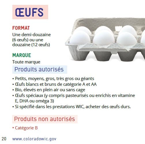 CO WIC-approved egg and cheese types and restrictions in French