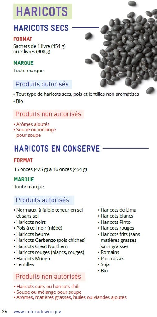 CO WIC-approved Peanut Butter, Alternative Nut and Seed Butters and Beans types and restrictions in French