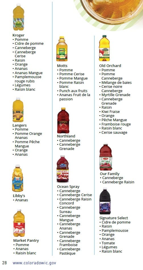 CO WIC-approved juice types and restrictions in French