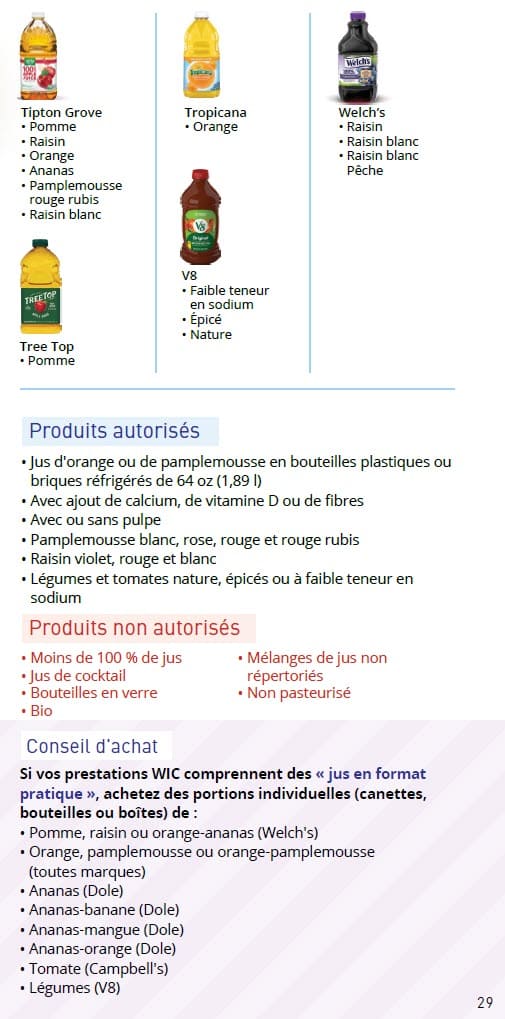 CO WIC-approved juice types and restrictions in French