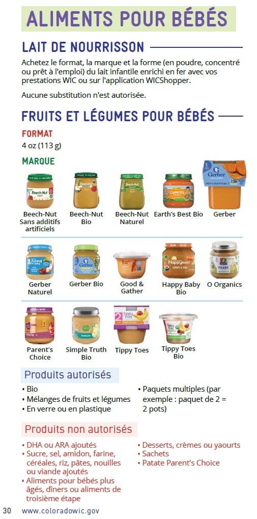 CO WIC-approved baby food types and restrictions in French