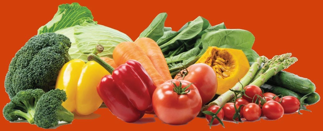 Various fresh fruits and vegetables with an orange back ground