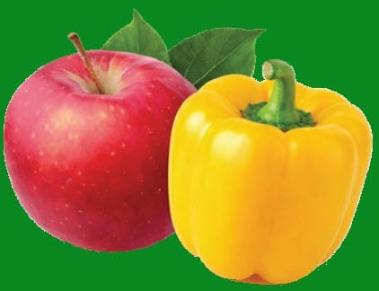 Apple and a green pepper with a green back ground