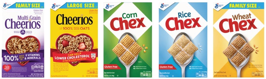 Five General Mills cereal boxes—Multi Grain Cheerios, Cheerios, Corn Chex, Rice Chex, and Wheat Chex—lined up side by side.