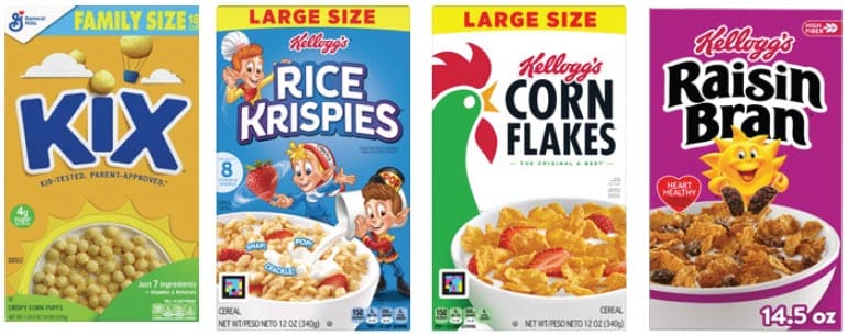 Multiple cereal boxes from different brands lined up side by side