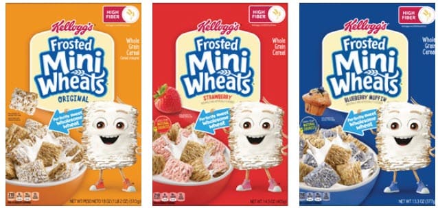 Frosted Mini Wheats cereal Original, Strawberry, & Blueberry lined up in a row