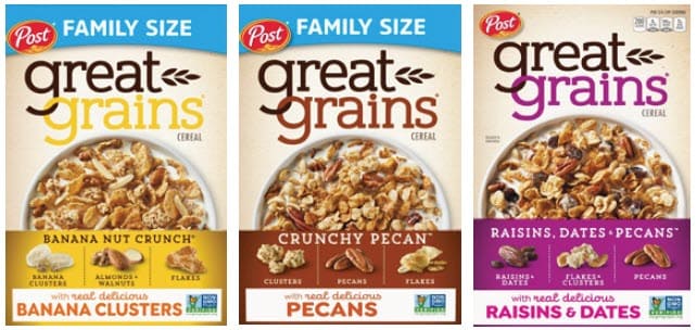 Multiple cereal boxes from the Great Grains brand displayed side by side.