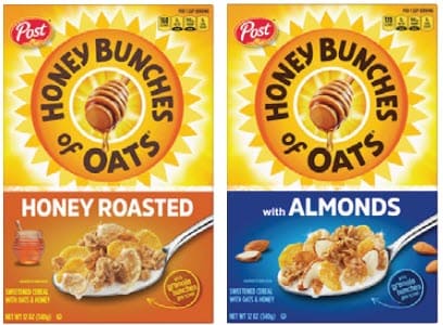 Multiple cereal boxes from the Honey Bunches of Oats brand displayed side by side.