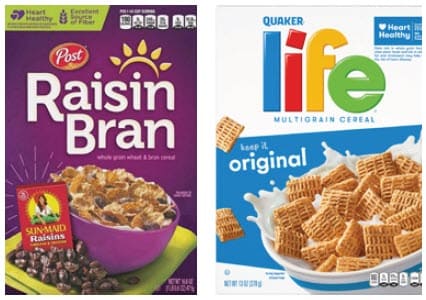Two cereal boxes—Raisin Bran and Life—shown next to each other.