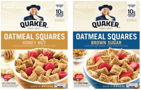 Two Quaker Oatmeal Squares cereal boxes in different flavors shown next to each other