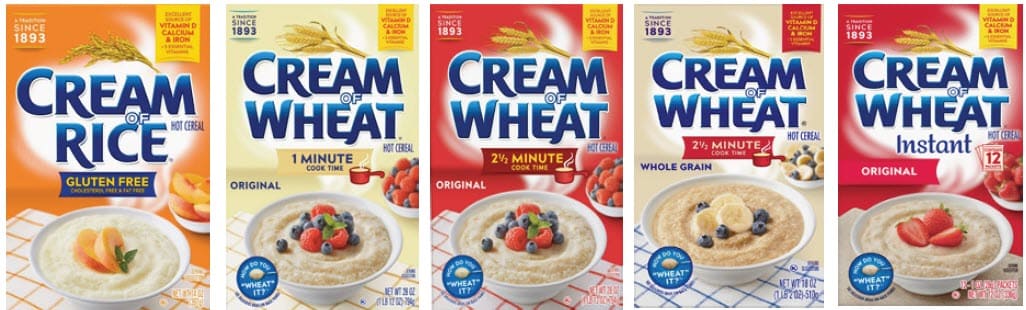 Cream of Rice and Cream of Wheat cereal boxesnlined up side by side.