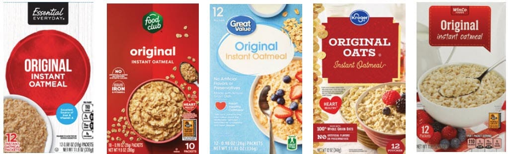 Essential Everyday, Food Club, Great Value, Kroger, and WinCo brand cereal boxes